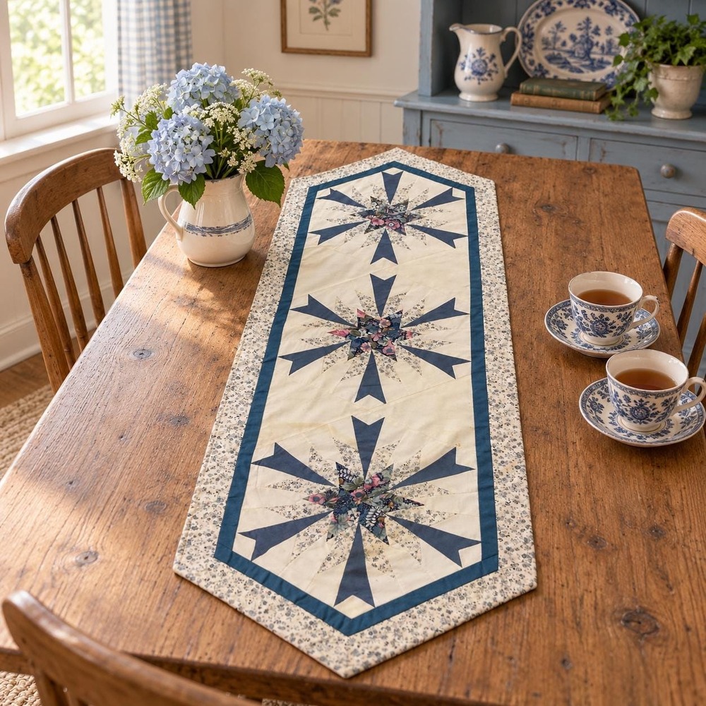 VTG Handmade Quilted Table Runner Blue Floral Starburst Patchwork Cottage Farm